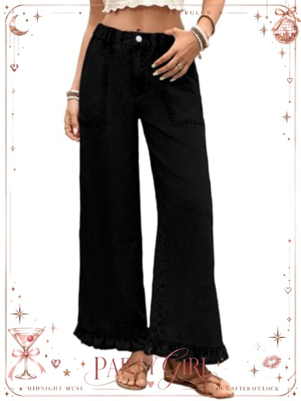 Wide Leg High Rise Jeans Ruffle Hem Stretch Denim Pants - Picture 1 of 6